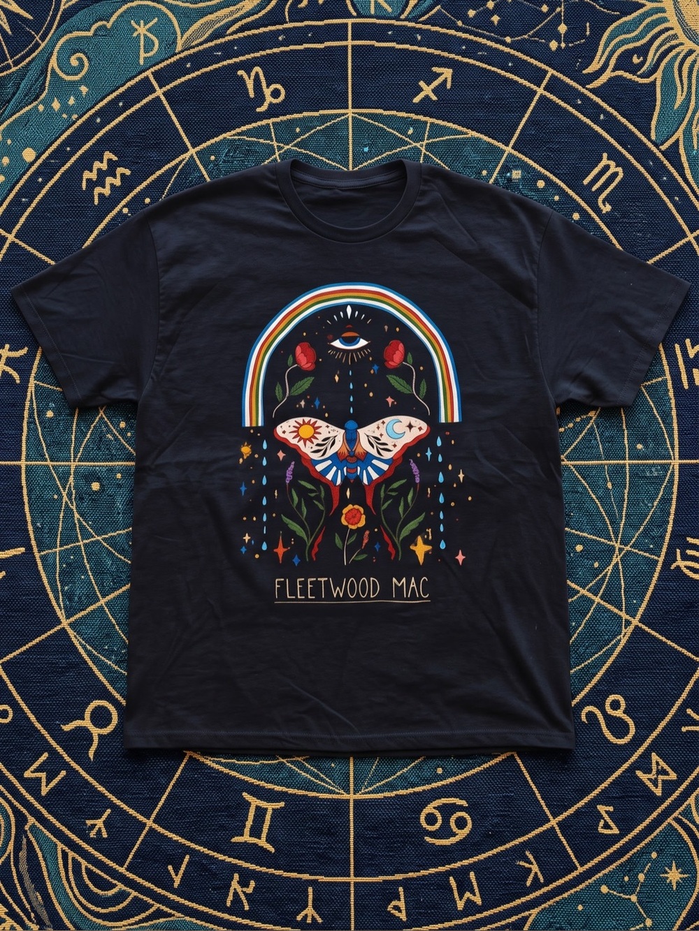 Fleetwood Mac Black Short Sleeve Graphic Tee with Rainbow Moth